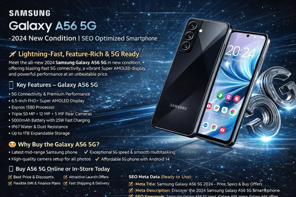 Samsung Galaxy A56 5G 2025 Launched – Premium Design, Upgraded Processor & Smart Features 2 Samsung Galaxy A56 5G 2025 Launched
Samsung Galaxy A56
Galaxy A56 5G 2025