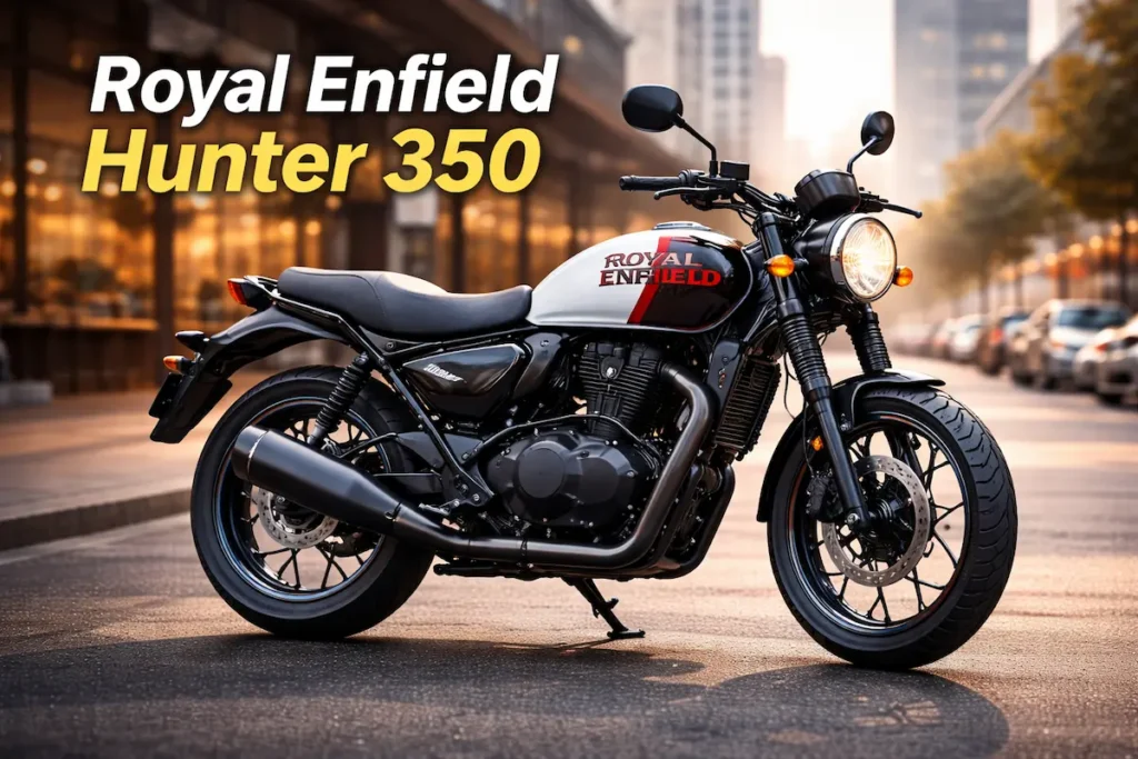 Royal Enfield Hunter 350 – Best Bike for Beginners & Small Business Owners in India 2 Royal Enfield Hunter 350 exterior design in India
Royal Enfield Hunter 350 modern retro bike design
Side and front view of Royal Enfield Hunter 350 showing its modern retro styling, compact body and city-friendly design.
