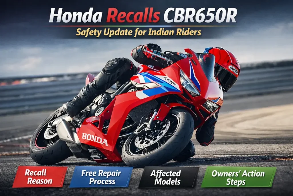 Honda Recalls CBR650R – Safety Update Brings Better Reliability for Indian Riders 2 honda-recalls-cbr650r-safety-update-india Honda recalls CBR650R to improve safety and reliability. Learn recall reason, affected models, free repair process and what Indian owners should do after Honda recalls CBR650R.